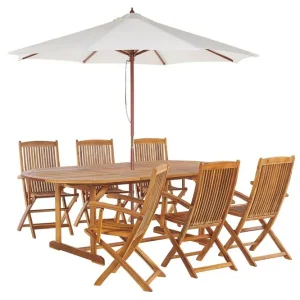 Begränsat erbjudande Matsalsset Maui med parasoll 8-sits Ljus trä/beige Ljus trä/beige - Utemöbler