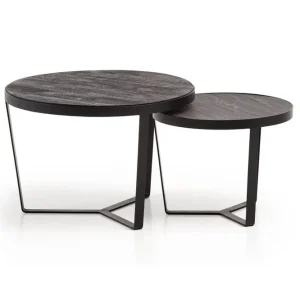 Nyhet Wohnling Satsbord Wohnling Set med 2 runda massivt trä och steneffekt, designad metallbas, lantlig stil Svart, svart Svart, svart - Möbler