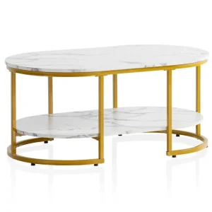 Begränsat erbjudande Wohnling Soffbord Wohnling marmorutseende ovalt 100 cm med förvaringshylla, Bauhaus-stil Marmor Vit Marmor Vit - Möbler