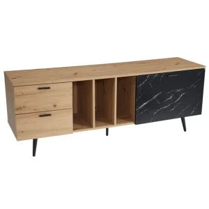 Wohnling Lowboard Wohnling modernt spånskiva, 2 lådor, 1 dörr, förvaringsbrickor, metallben, modern stil Ek, Marmor, Svart Ek, Marmor, Svart - Möbler Lågt pris