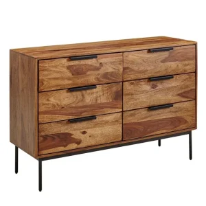 Beställ nu Wohnling Sideboard Wohnling Massivt trä 117 cm 6 lådor filigrant metallben lantligt stil - Förvaring