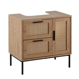 Wohnling Tvättställsskåp Wohnling melaminbelagd MDF, ek-optik, rottingfront, metallben, modern loftstil 1 dörr, 3 lådor 1 dörr, 3 lådor - Hus & renovering Begränsat antal