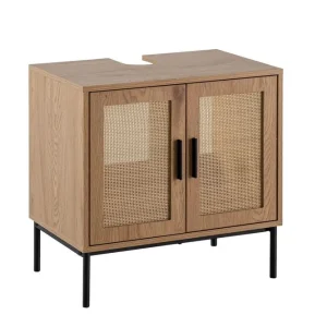 Wohnling Tvättställsskåp Wohnling melaminbelagd MDF, ek-optik, rottingfront, metallben, modern loftstil 2 dörrar 2 dörrar - Hus & renovering Billigare