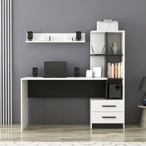 Puijas Skrivbord 120 cm med Förvaring Låda + Hyllor + Vägghy Vit/Svart - Möbler Lägg i varukorgen