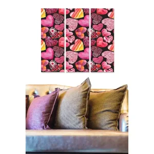 Canvastavla i trä 3-delar 50x70 cm - Färgglad samling av hjärtan och blommor Rosa / Röd / Lila - Inredning Reapris