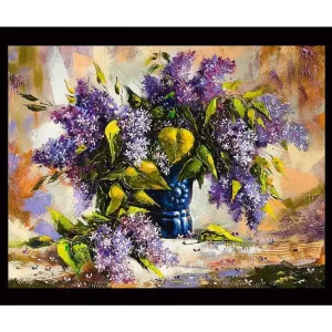 Sista chansen Inramad Canvastavla i trä - 41x56 cm - Färgrik bukett av syrenblommor i en blå vas Lila / Grön / Blå - Inredning