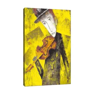 Kundfavorit Canvastavla 70x100 cm - Melankolisk musiker som håller en fiol mot en starkt gul bakgrund Gul / Svart / Brun - Inredning