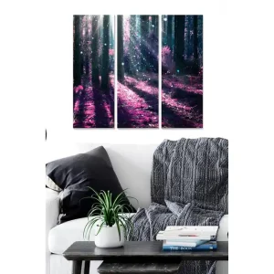 Canvastavla i trä 3-delar 50x70 cm - Mystisk skog med ljusstrålar som bryter genom träden Mörkblå / Lila / Grön - Inredning Billigare