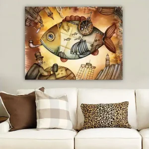 Canvastavla 70x100 cm - Stor, fantasifull fisk med segelbåtar och en fyr i en drömlik miljö Brun / Grön / Beige - Inredning Kampanj
