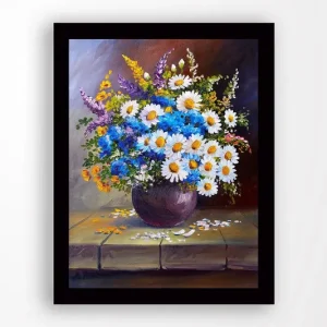 Lägg i varukorgen Inramad Canvastavla i trä - 41x56 cm - Färgrik bukett av blommor i en vas Blå / Vit / Gul - Inredning