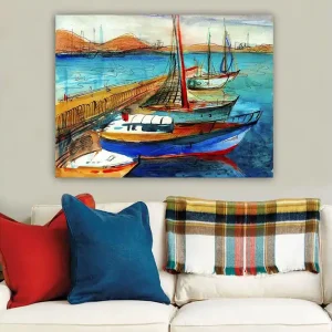 Nyhet Canvastavla 70x100 cm - Flera färgglada båtar vid en hamn med en vacker havsutsikt Blå / Röd / Beige - Inredning