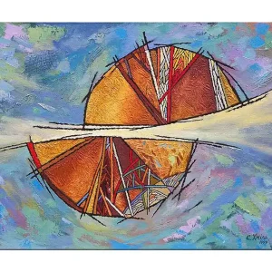 Beställ idag Canvastavla 70x100 cm - Abstrakt komposition med cirkulära former och geometriska mönster i varma färger Guld / Röd / Orange - Inredning