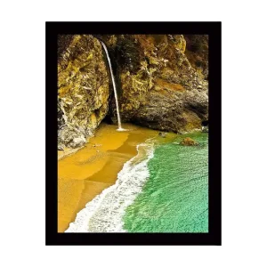 Inramad Canvastavla i trä - 41x56 cm - Vattenfall som rinner ner i en strandvik omgiven av klippor Guld / Turkos / Grå - Inredning Bästa pris