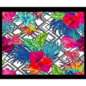 Populärt val Inramad Canvastavla i trä - 41x56 cm - Färgrik tropisk blomsterdesign med hibiskusar och bladverk Röd / Grön / Blå - Inredning