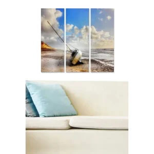 Köp online Canvastavla i trä 3-delar 50x70 cm - Strandlandskap med en strandad båt Blå / Beige / Vit - Inredning