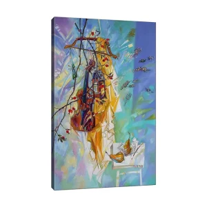Utförsäljning Canvastavla 70x100 cm - Färgglad stilleben med kläder hängande på en galge, omgiven av frukt och blommor Gul / Blå / Grön - Inredning