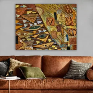 Trygg betalning Canvastavla 70x100 cm - Abstrakt komposition med geometriska former och ögonmotiv i varma jordtoner Guld / Brun / Beige - Inredning