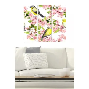 Rabatt Canvastavla i trä 3-delar 50x70 cm - Färgglada fåglar bland blommande körsbärsgrenar Rosa / Gul / Grön - Inredning