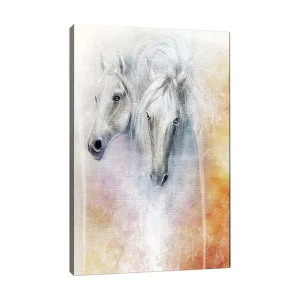 Canvastavla 70x100 cm - Två eleganta hästar som framträder i en mjuk och drömlik komposition Vit / Ljusgrå / Orange - Inredning Kampanjpris