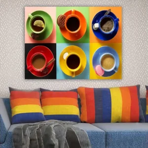 Canvastavla 70x100 cm - Färgglada kaffekoppar arrangerade i ett rutmönster med olika drycker och tillbehör Grön / Röd / Blå - Inredning Trygg betalning