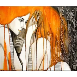 Canvastavla 70x100 cm - Känslosam skildring av två kvinnor som uttrycker intimitet och sårbarhet Orange / Svart / Grå - Inredning Fri frakt