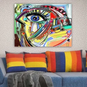 Canvastavla 70x100 cm - Abstrakt tolkning av ett ansikte med fokus på ögat Blå / Gul / Röd - Inredning Utförsäljning