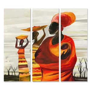 Beställ idag Canvastavla i trä 3-delar 50x70 cm - Kvinnor som bär frukter på huvudet i en färgglad och kulturell komposition Orange / Gul / Röd - Inredning
