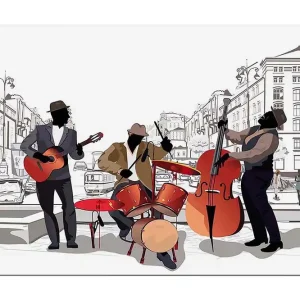 Canvastavla 70x100 cm - Tre musiker som spelar på gatan, med fokus på gitarr, trummor och kontrabas Röd / Svart / Beige - Inredning Begränsat antal