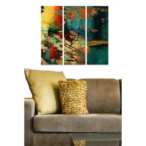 Rea Canvastavla i trä 3-delar 50x70 cm - Abstrakt komposition med färgglada former och mönster Mörkgrön / Röd / Guld - Inredning