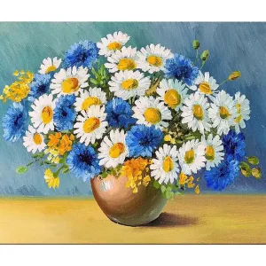 Populärt val Canvastavla 70x100 cm - Vacker bukett med blå och vita blommor i en brun vas Blå / Vit / Gul - Inredning