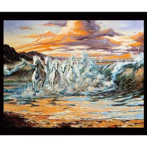Populär Inramad Canvastavla i trä - 41x56 cm - Sprudlande hästar som galopperar genom vågorna vid solnedgången Vit / Blå / Orange - Inredning