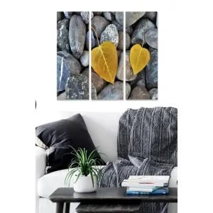 Begränsat erbjudande Canvastavla i trä 3-delar 50x70 cm - Gula löv på en bakgrund av grå stenar Grå / Gul - Inredning