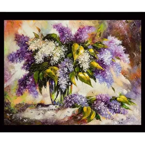 Kampanjpris Inramad Canvastavla i trä - 41x56 cm - Färgrik bukett av syrenblommor Lila / Vit / Grön - Inredning