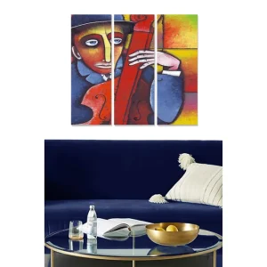 Canvastavla i trä 3-delar 50x70 cm - Musiker som spelar cello med en intensiv och färgstark bakgrund Röd / Blå / Gul - Inredning Beställ idag