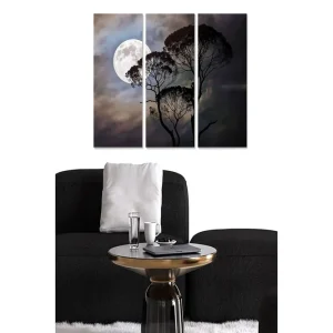 Canvastavla i trä 3-delar 50x70 cm - Måne som lyser över silhuetter av träd i en dramatisk himmel Mörkblå / Svart / Grå - Inredning Expressleverans