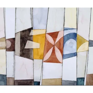 Kampanj Canvastavla 70x100 cm - Abstrakt komposition med geometriska former i varma och kalla färger Guld / Blå / Brun - Inredning