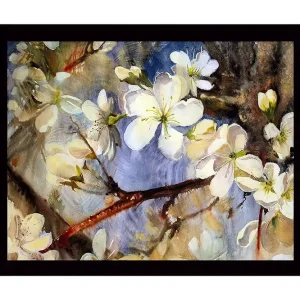 Inramad Canvastavla i trä - 41x56 cm - Blommande körsbärsgrenar i mjuka pastellfärger Vit / Ljusblå / Grön - Inredning Kampanjpris