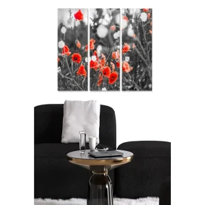 Beställ nu Canvastavla i trä 3-delar 50x70 cm - Röd vallmo i en svartvit landskapskomposition Röd / Svart - Inredning