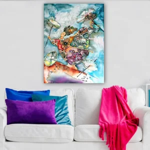 Billigare Canvastavla 70x100 cm - Två dansande figurer med paraplyer i en färgglad och livlig komposition Blå / Orange / Grön - Inredning