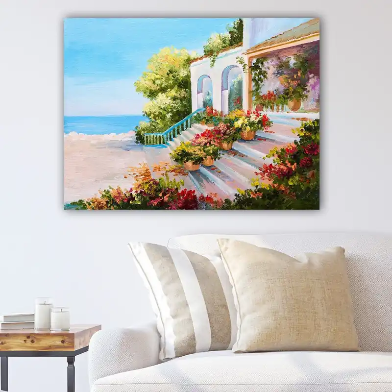 Canvastavla 70x100 cm - Vacker trädgård med blommor och en trappa som leder ner mot havet Blå / Grön / Röd - Inredning Säker betalning