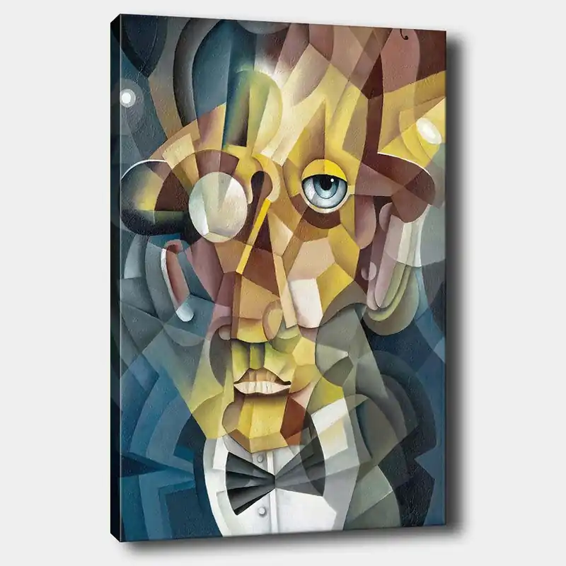 Canvastavla 70x100 cm - Abstrakt porträtt av en man med en elegant kostym och en uttrycksfull blick Guld / Blå / Beige - Inredning Begränsad tid