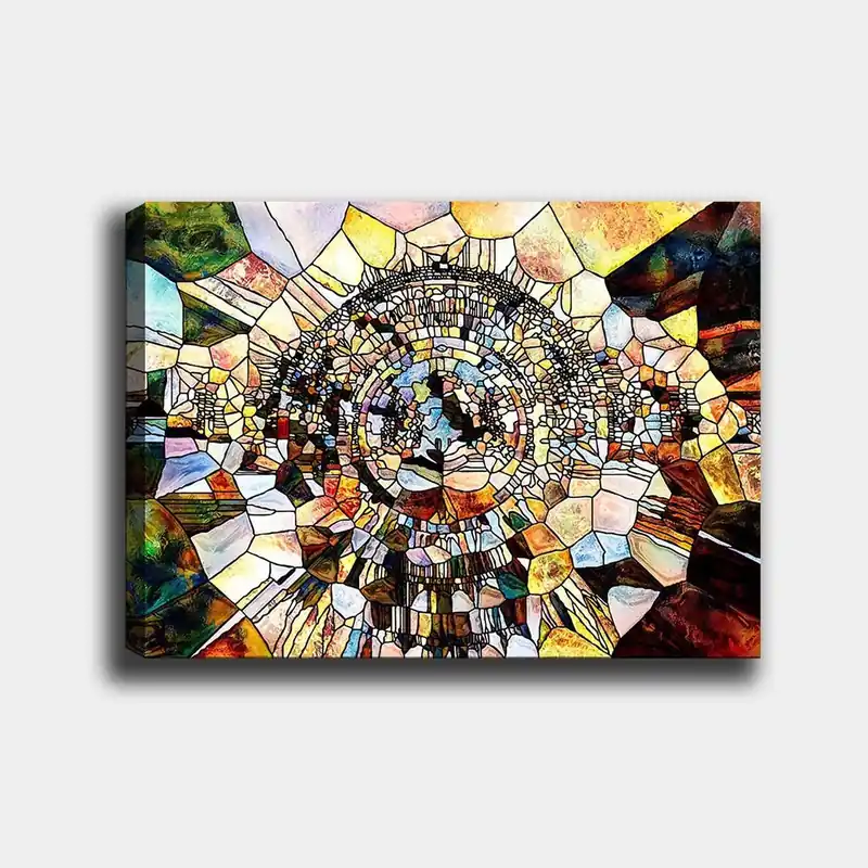 Köp online Canvastavla 70x100 cm - Abstrakt mosaikdesign med cirkulära och geometriska former som skapar en känsla av djup och rörelse Guld / Brunt / Blått - Inredning