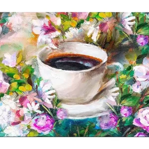 Beställ idag Canvastavla 70x100 cm - Kopp kaffe omgiven av färgglada blommor Vit / Grön / Rosa - Inredning