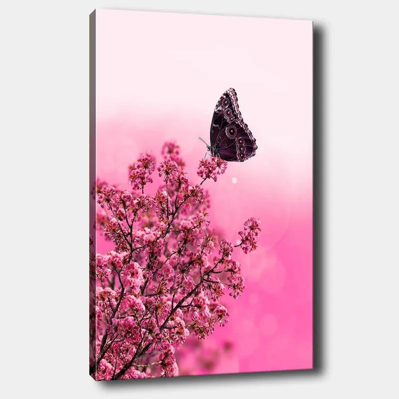 Canvastavla 70x100 cm - Fjäril som sitter på en blommande gren med rosa blommor Mörk rosa / Ljus rosa / Svart - Inredning Rabatt