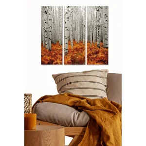 Lägg i varukorgen Canvastavla i trä 3-delar 50x70 cm - Höstlig skog med vita björkar och orangea ormbunkar Vit / Orange - Inredning
