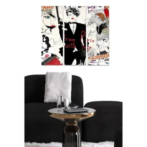 Canvastavla i trä 3-delar 50x70 cm - Modeinspirerad collage med stiliserade ansikten och textfragment Röd / Svart / Vit - Inredning Köp nu