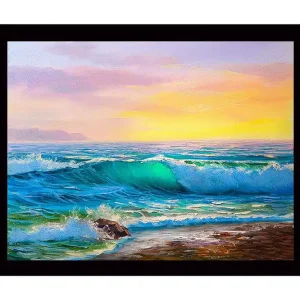 Endast denna vecka Inramad Canvastavla i trä - 41x56 cm - Storslagen havsutsikt med vågor som bryter mot stranden Turkos / Blå / Orange - Inredning