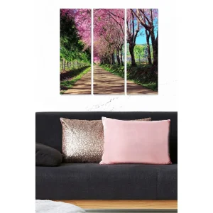 Reapris Canvastavla i trä 3-delar 50x70 cm - Vacker allé med blommande körsbärsträd Rosa / Grön / Brun - Inredning