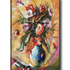 Köp online Canvastavla 70x100 cm - Färgglad bukett med blommor i en vas Röd / Grön / Lila - Inredning