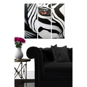 Canvastavla i trä 3-delar 50x70 cm - Zebra med framträdande öga Svart / Vit / Brun - Inredning risnedsättning